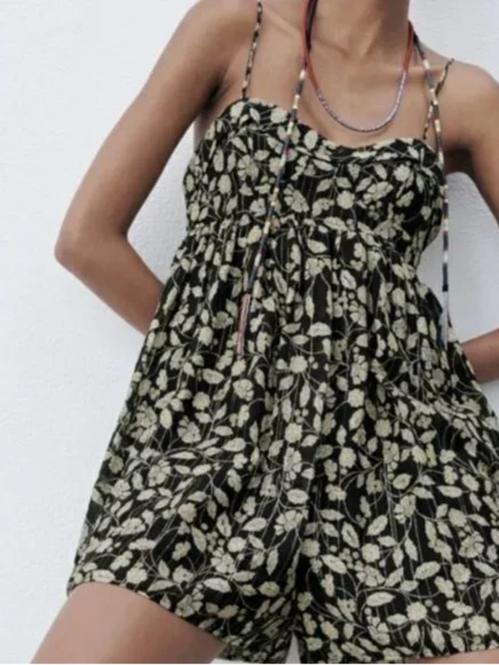 Zara Black Jumpsuit Romper with Cream Floral Print Size S Small